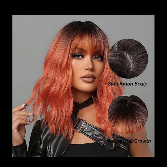 Stunning 18 inch bob water wave, medium length brown granite, dark red ombre wig - Picture 5 of 7